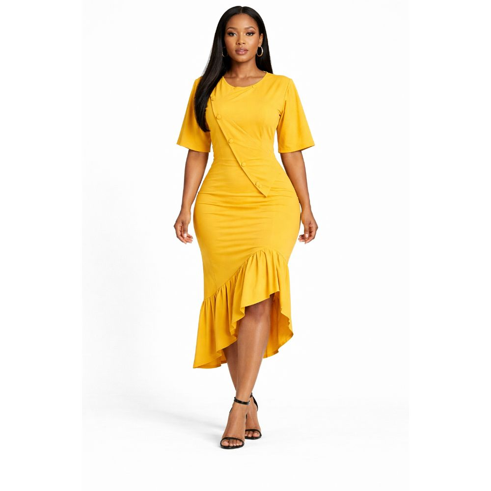 Womens Premium Mustard Yellow Asymmetric Ruffle Midi Dress